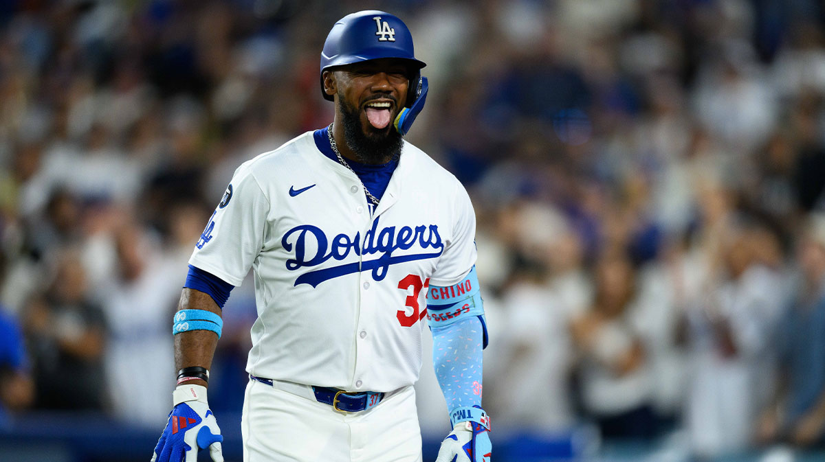 Los Angeles Dodgers right fielder Teoscar Hernandez (37) reacts after hitting a home run during the seventh inning against the St. Louis Cardinals at Dodger Stadium.