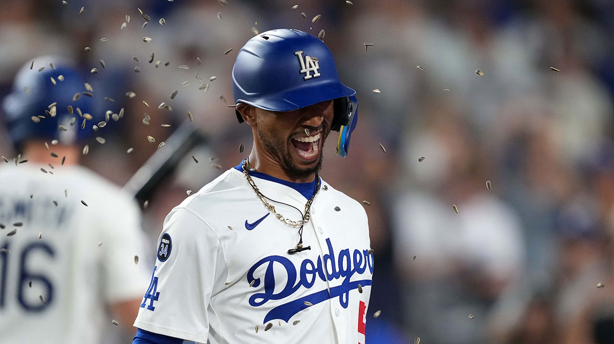 Dodgers shortstop Mookie Betts (50) celebrates after hitting a home run in the fifth inning against the Toronto Blue Jays at Dodger Stadium