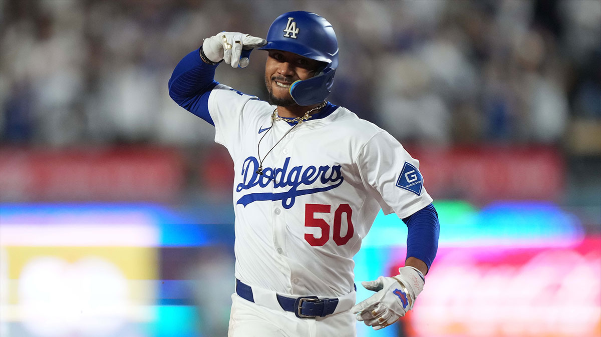 Dodgers shortstop Mookie Betts (50) runs the bases after hitting a home run in the fifth inning against the Toronto Blue Jays at Dodger Stadium