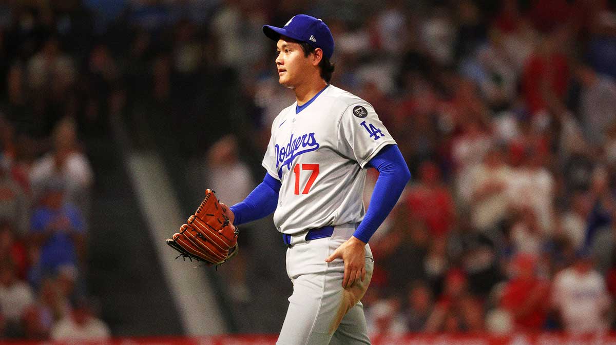 Los Angeles Dodgers two-way player Shohei Ohtani (17) comes out of the game as a pitcher during the fifth inning against the Los Angeles Angels at Angel Stadium. Shohei Ohtani addresses $240M lawsuit after striking out Mike Trout twice in return to Angel Stadium, keeping focus on Dodgers’ season.