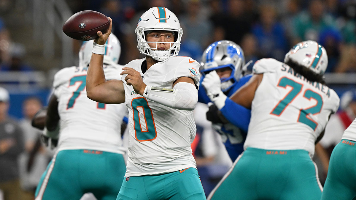 Miami Dolphins quarterback Zach Wilson throws the ball against the Detroit Lions in the first quarter at Ford Field.