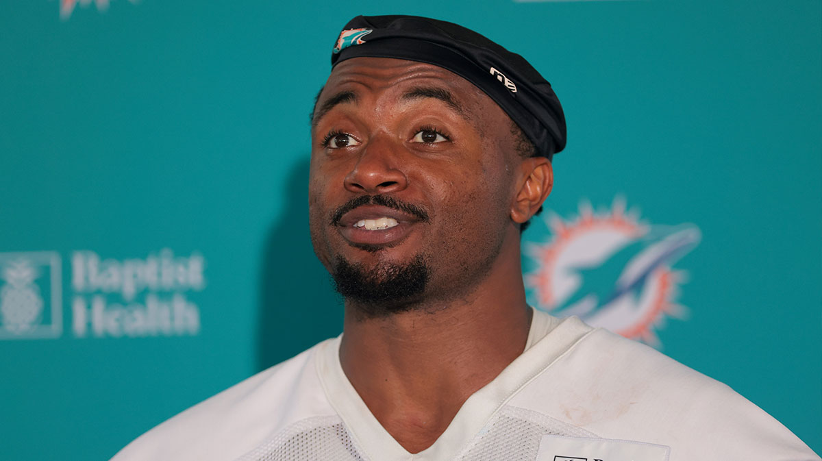 Miami Dolphins guard Austin Jackson (73) speaks to reporters during training camp at Baptist Health Training Complex.