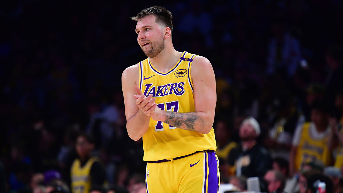 Los Angeles Lakers guard Luka Doncic (77) reacts during the second half in game five of first round for the 2025 NBA Playoffs at Crypto.com Arena.