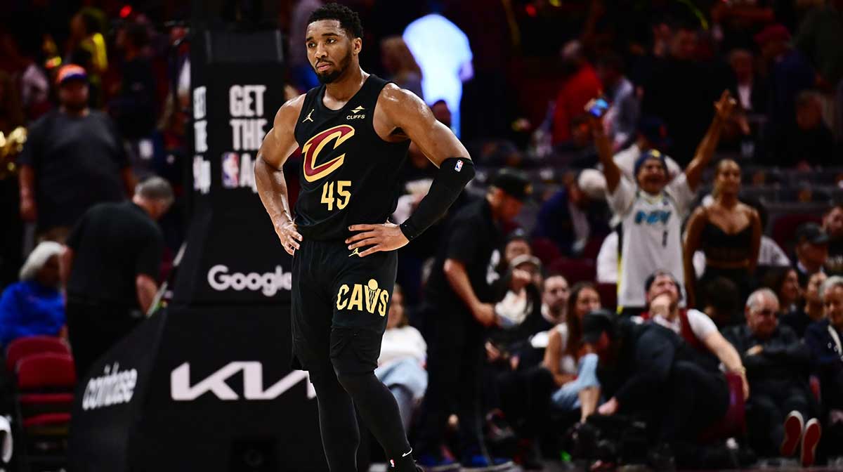Cleveland Cavaliers guard Donovan Mitchell (45) reacts during the second half of game five against the Indiana Pacers in the second round for the 2025 NBA Playoffs at Rocket Arena.