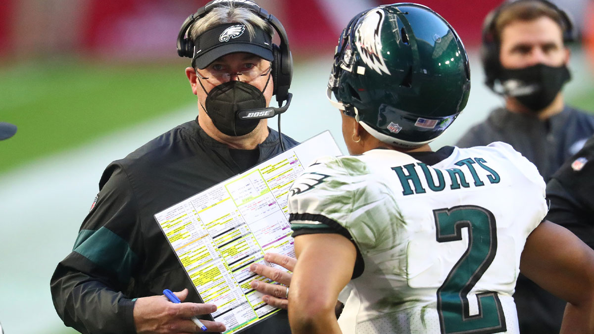 Philadelphia Eagles head coach Doug Pederson with quarterback Jalen Hurts (2) against the Arizona Cardinals at State Farm Stadium.
