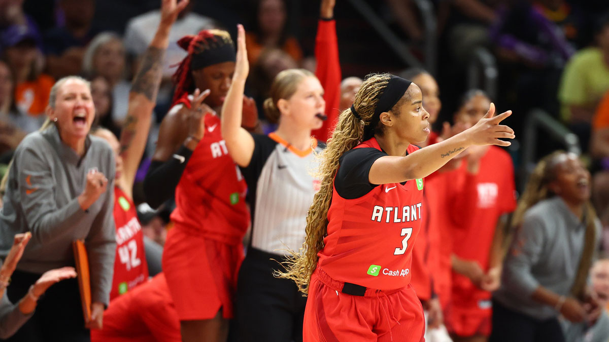 Atlanta Dream guard Jordin Canada (3) celebrates a three pointer against the Phoenix Mercury in the second half at PHX Arena.