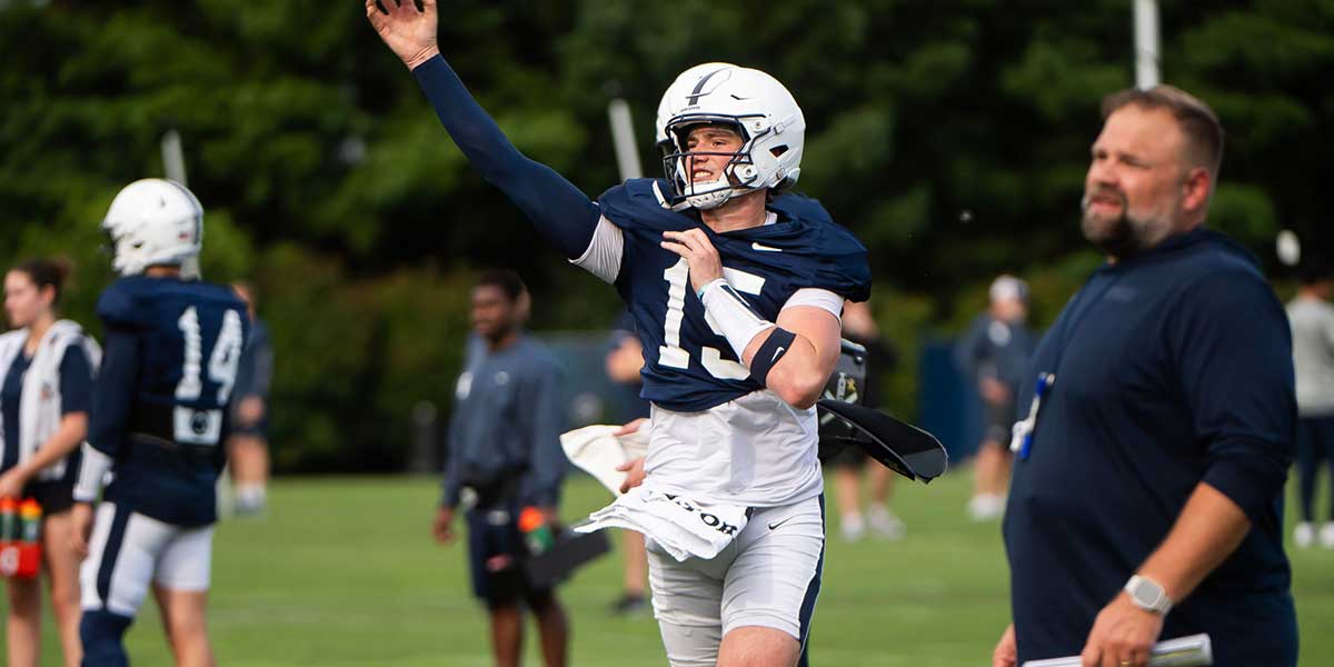 Penn State quarterback Drew Allar throws during practice outside Holuba Hall on Saturday, August 2, 2025, in State College.