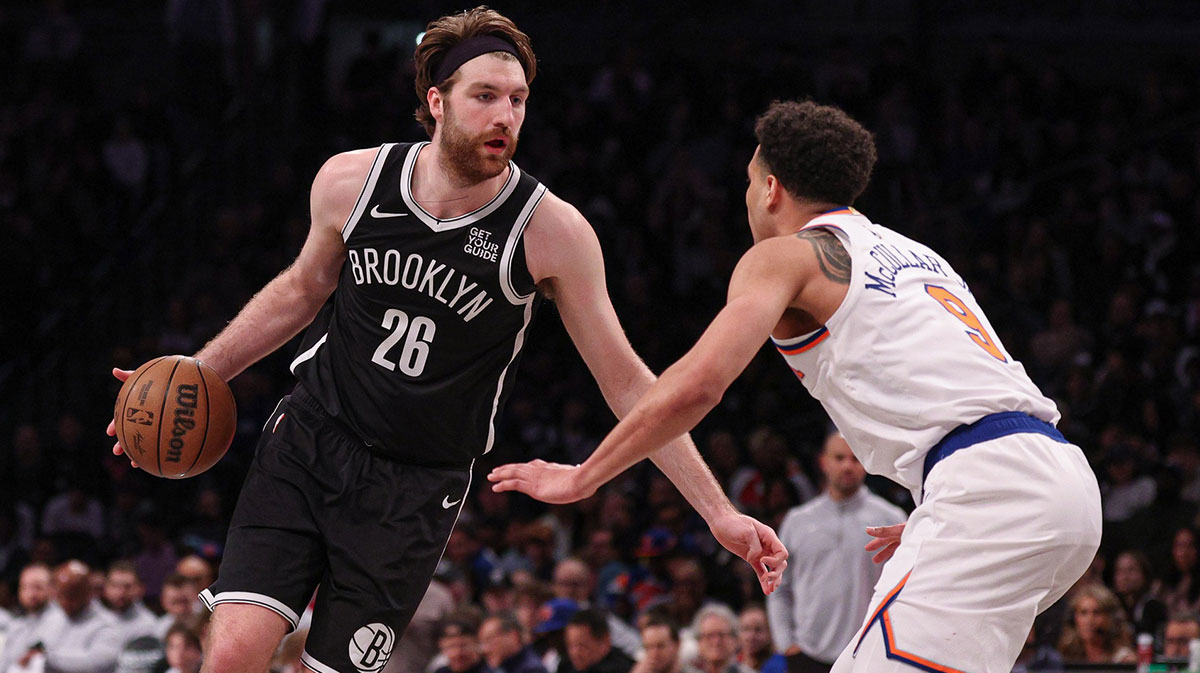 Brooklyn Nets forward Drew Timme (26) is guarded by New York Knicks forward Kevin McCullar Jr. (9) during the second half at Barclays Center.