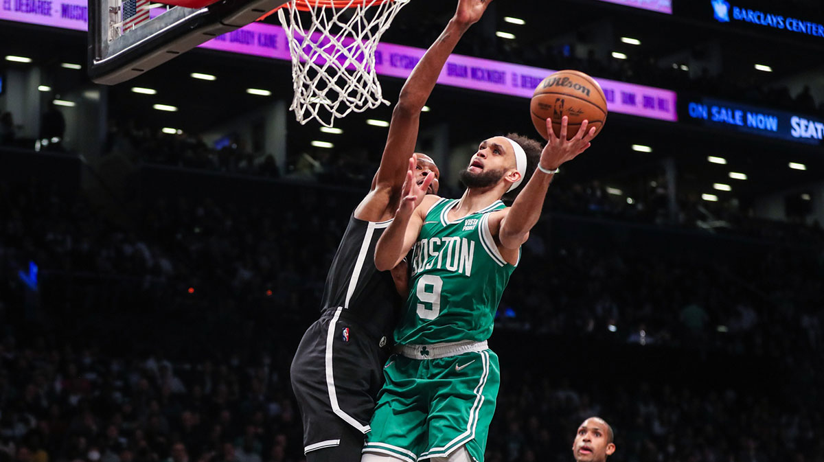Boston Celtics guard Derrick White (9) and Brooklyn Nets forward Kevin Durant (7) at Barclays Center.
