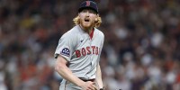 Boston Red Sox starting pitcher Dustin May (85) reacts after an out to end the second inning against the Houston Astros at Daikin Park.