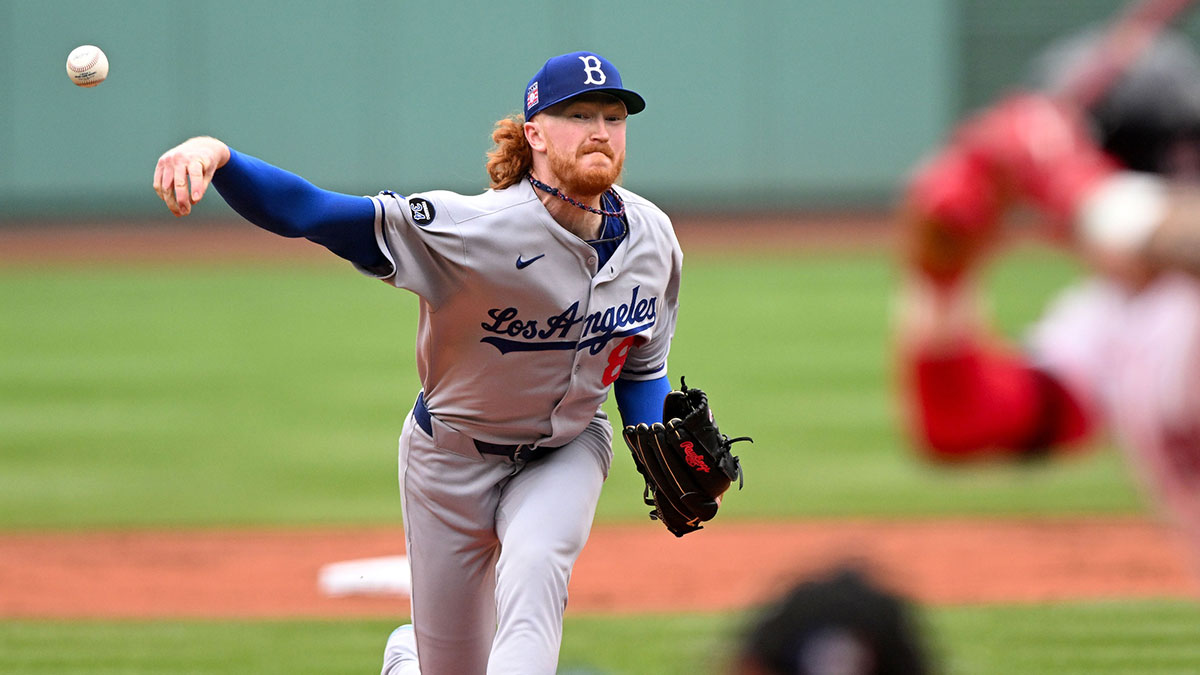 Jul 27, 2025; Boston, Massachusetts, USA; Los Angeles Dodgers starting pitcher Dustin May (85) pitches against the Boston Red Sox during the first inning at Fenway Park.