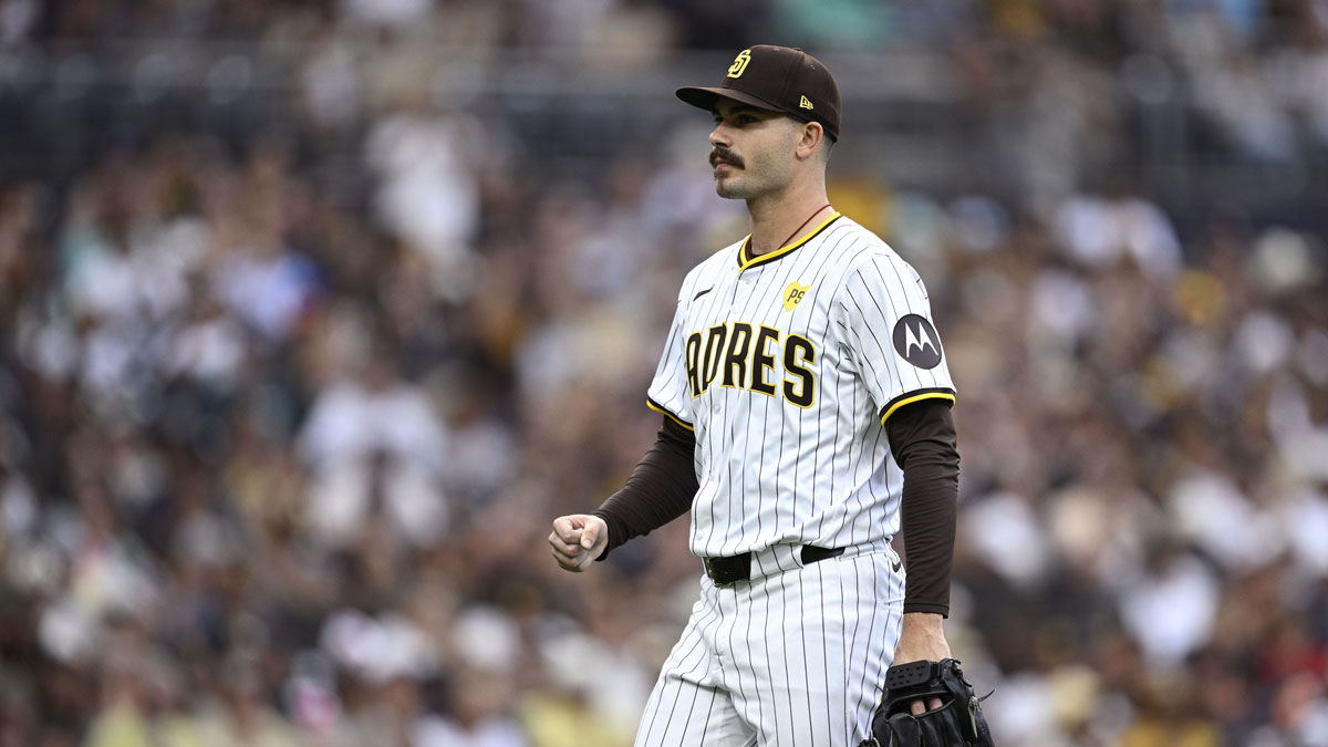 San Diego Padres starting pitcher Dylan Cease (84) celebrates during the eighth inning against the Houston Astros at Petco Park.