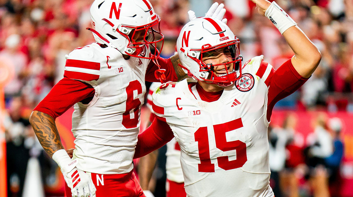 Nebraska Cornhuskers quarterback Dylan Raiola (15) celebrates with wide receiver Dane Key (6) after a touchdown against the Cincinnati Bearcats during the fourth quarter at GEHA Field at Arrowhead Stadium.