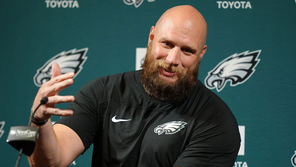 Philadelphia Eagles offensive lineman Lane Johnson (65) addresses media during a press conference at NovaCare Complex.