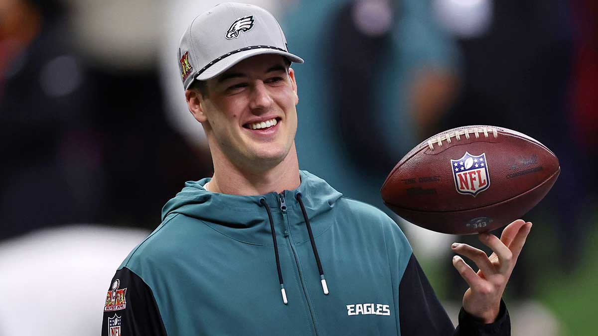 Philadelphia Eagles quarterback Tanner McKee (16) during warmups before Super Bowl LIX between the Philadelphia Eagles and the Kansas City Chiefs at Caesars Superdome.