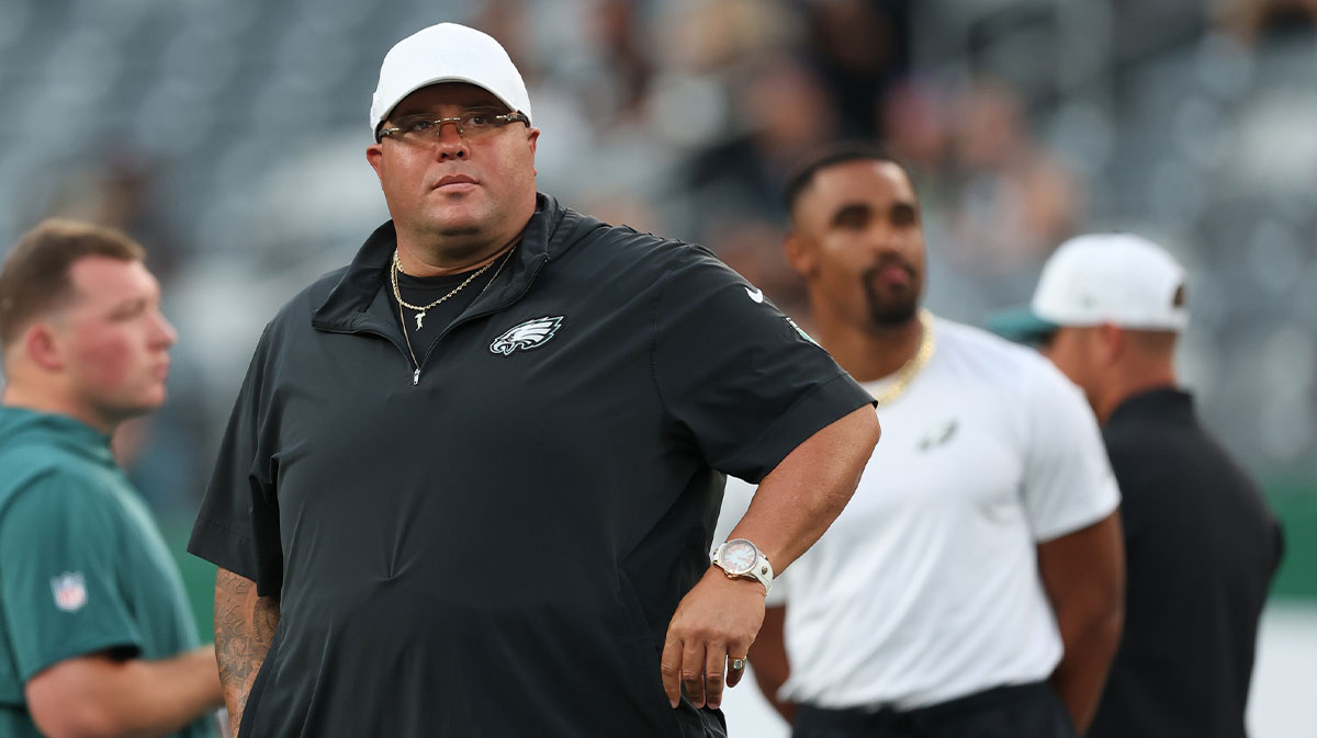 Philadelphia Eagles primary bodyguard, Big Dom DiSandro looks on during warm ups before the preseason game between the New York Jets and the Eagles at MetLife Stadium.