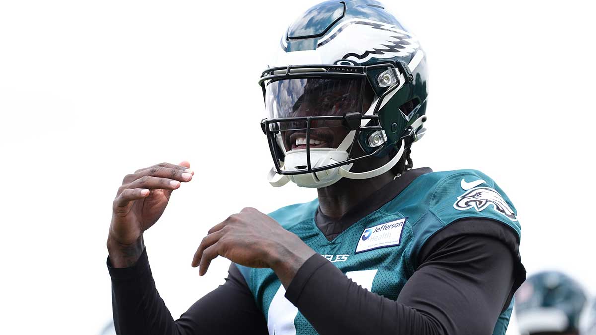 Eagles wide receiver A.J. Brown (11) reacts during a practice drill at NovaCare Complex