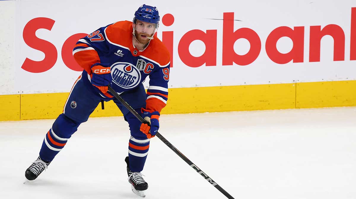 Edmonton Oilers center Connor McDavid (97) controls the puck during the second period against the Florida Panthers in game five of the 2025 Stanley Cup Final at Rogers Place. 