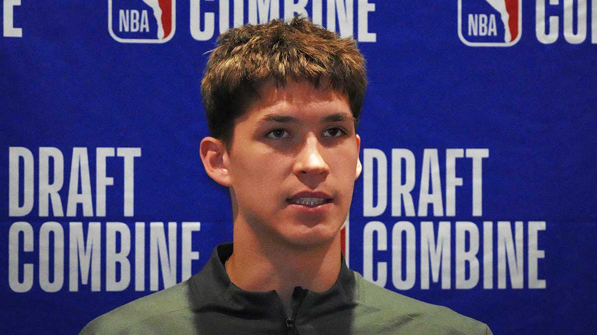 Egor Demin talks to the media during the 2025 NBA Draft Combine at Marriott Marquis Chicago.