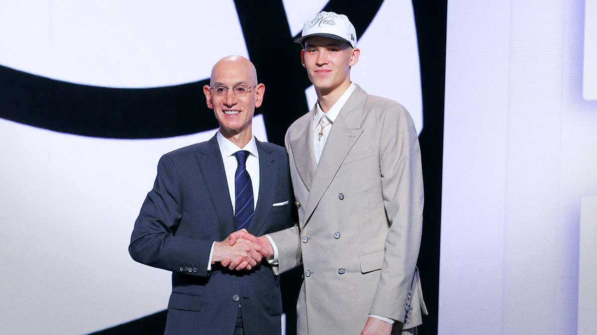 Egor Demin stands with NBA commissioner Adam Silver after being selected as the eighth pick by the Brooklyn Nets in the first round of the 2025 NBA Draft at Barclays Center.