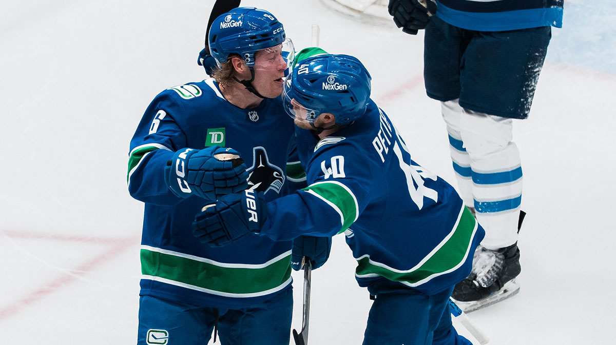 Vancouver Canucks forward Brock Boeser (6) and forward Elias Pettersson (40) celebrate a goal scored by Boeser against the Winnipeg Jets in the second period at Rogers Arena. 