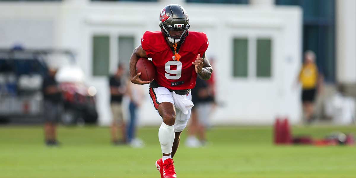 Tampa Bay Buccaneers wide receiver Emeka Egbuka (9) participates in training camp at AdventHealth Training Center.