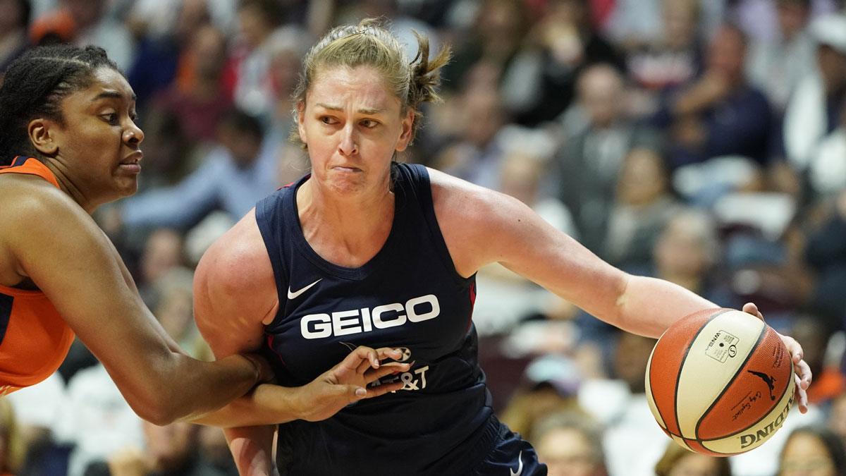 Washington Mystics forward Emma Meesseman (33) drives the ball against Connecticut Sun forward Morgan Tuck (33) during the second half in game three of the 2019 WNBA Finals at Mohegan Sun Arena. Washington defeated Connecticut 94-81.