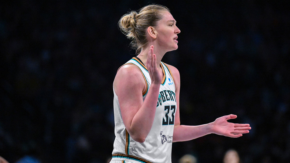 New York Liberty center Emma Meesseman (33) reacts during the second half against the Chicago Sky at Barclays Center.