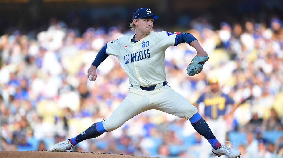  Los Angeles Dodgers starting pitcher Emmet Sheehan (80) throws during the first inning against the Milwaukee Brewers at Dodger Stadium.