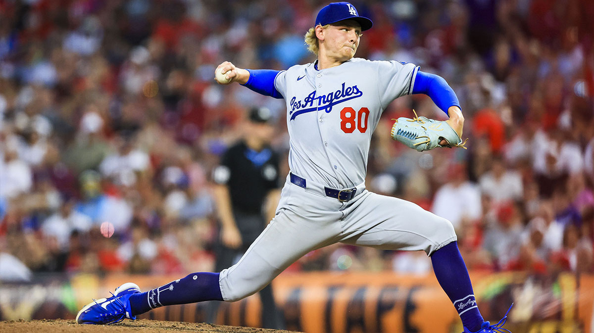 Los Angeles Dodgers relief pitcher Emmet Sheehan (80) pitches against the Cincinnati Reds in the sixth inning at Great American Ball Park.
