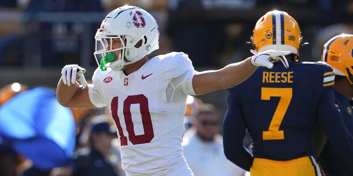 Stanford Cardinal wide receiver Emmett Mosley V (10) gestures after catching a pass against the California Golden Bears during the first quarter at California Memorial Stadium. Mandatory Credit: Darren Yamashita-Imagn Images