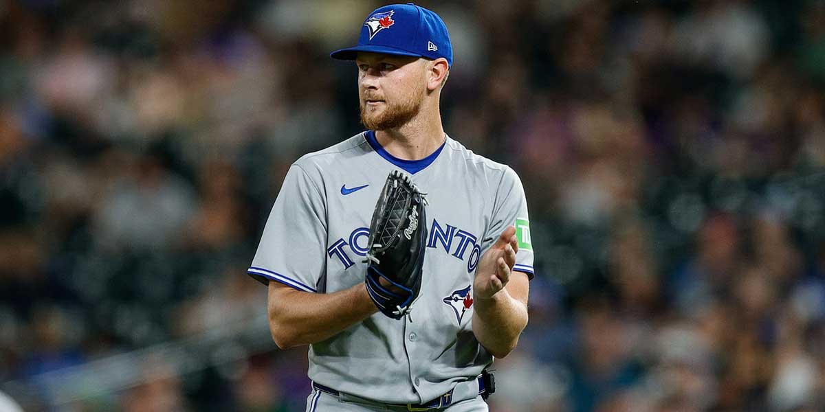 Toronto Blue Jays starting pitcher Eric Lauer (56) reacts at the end of the sixth inning against the Colorado Rockies at Coors Field.