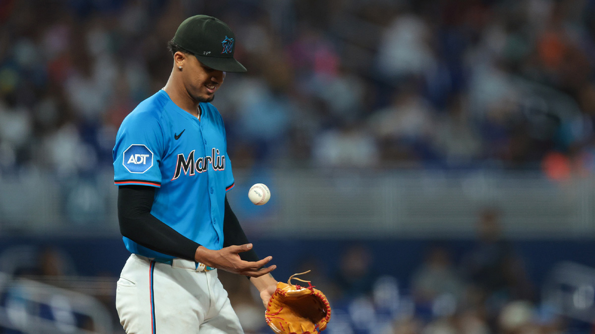 Miami Marlins starting pitcher Eury Perez (39) tosses a baseball against the Toronto Blue Jays during the fifth inning at loanDepot Park.