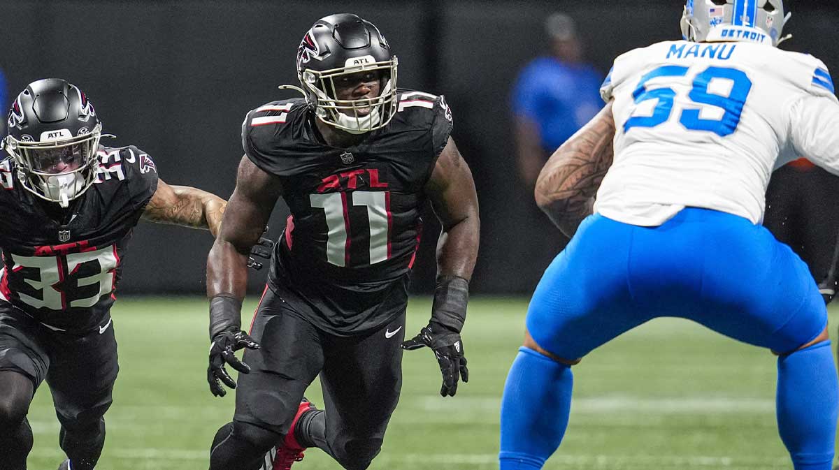 Atlanta Falcons linebacker Jalon Walker (11) in action against the Detroit Lions during the first quarter at Mercedes-Benz Stadium.