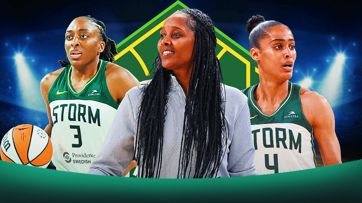 WNBA Storm coach Noelle Quinn (center) with Storm PG Skylar Diggins and Storm PF Nneka Ogwumike. Seattle Storm logo in background