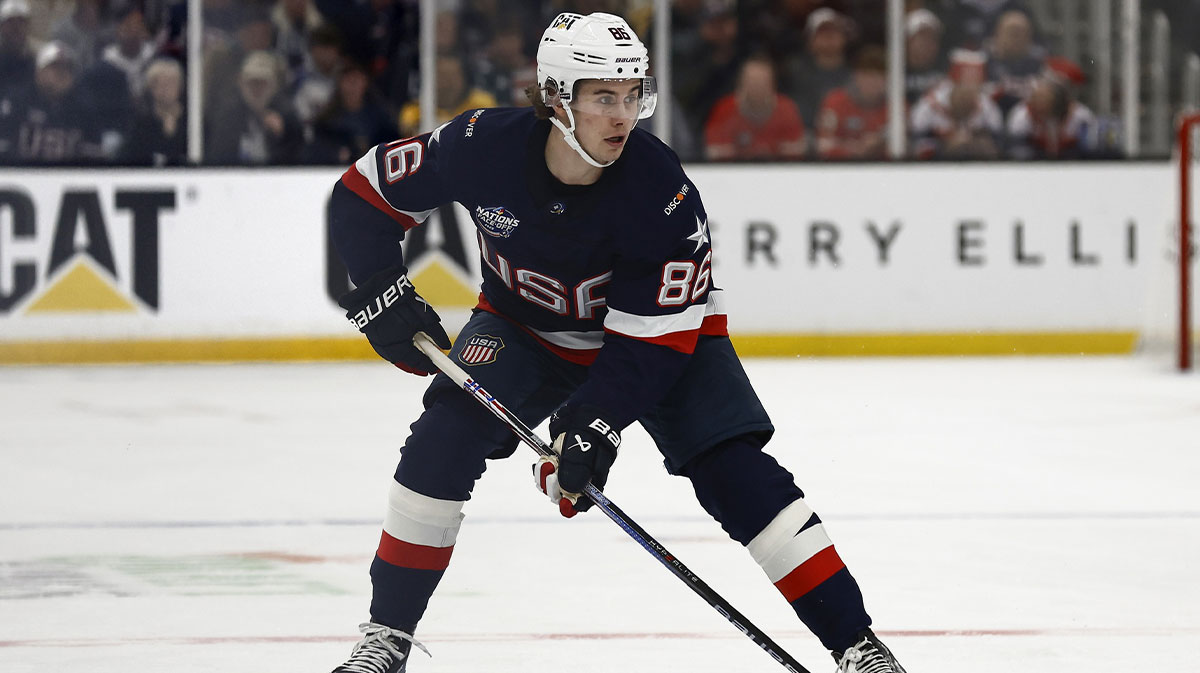 United States forward Jack Hughes (86) during the 4 Nations Face-Off ice hockey championship game against Canada at TD Garden.