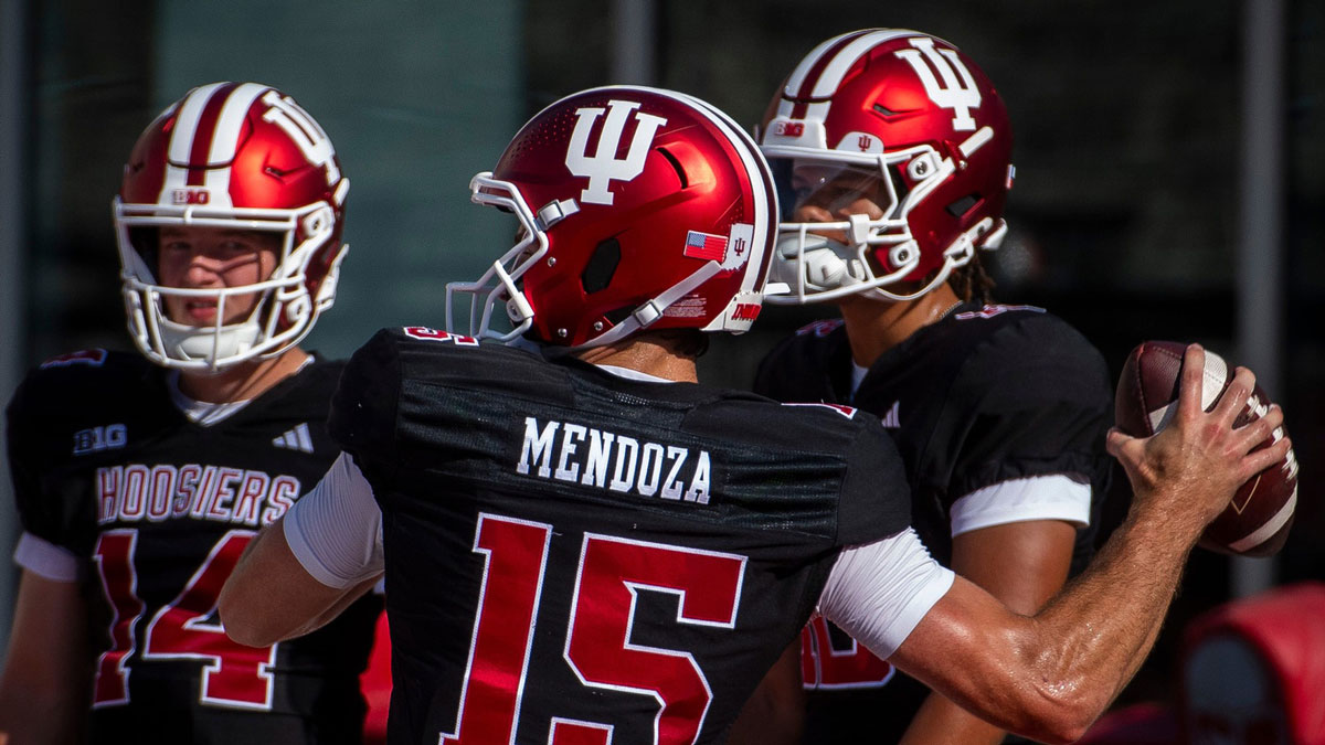 Indiana's Fernando Mendoza (15) at Indiana University football practice on Tuesday, Aug. 5, 2025.