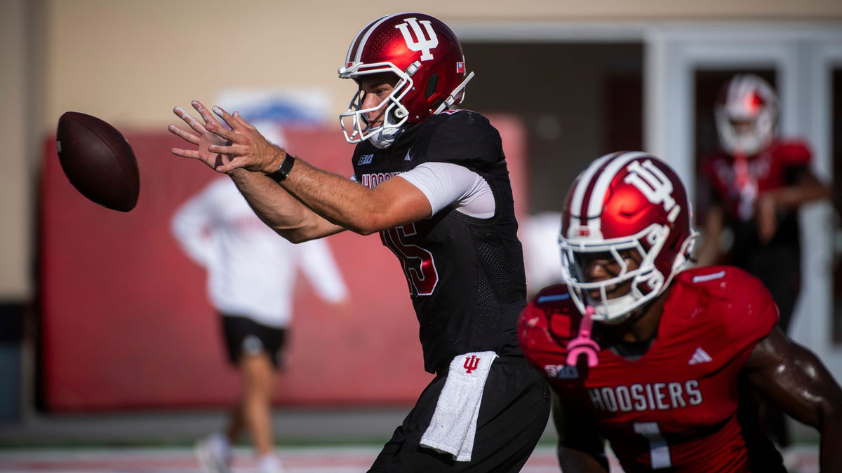 Indiana's Fernando Mendoza (16) at Indiana University football practice on Friday, Aug. 8, 2025.