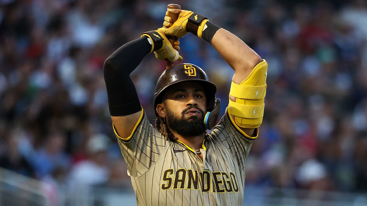 San Diego Padres right fielder Fernando Tatis Jr. (23) reacts after hitting a fly out against the Minnesota Twins during the third inning at Target Field.