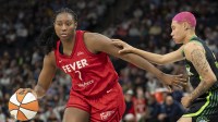 Indiana Fever forward Aliyah Boston (7) drives to the basket past Minnesota Lynx guard Natisha Hiedeman (2) in the second half at Target Center.