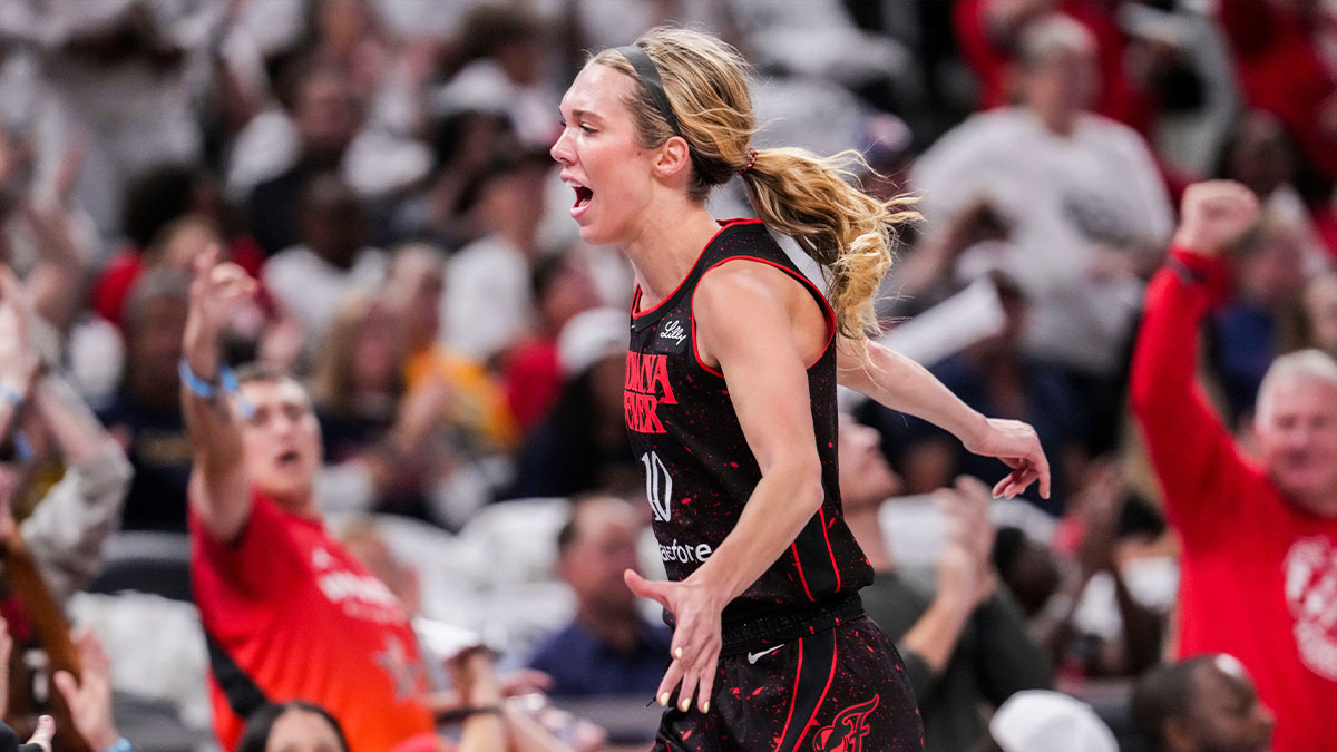 Fever guard Lexie Hull (10) celebrates a 3-pointer Tuesday, Aug. 26, 2025, during a game between the Indiana Fever and the Seattle Storm at Gainbridge Fieldhouse in Indianapolis.