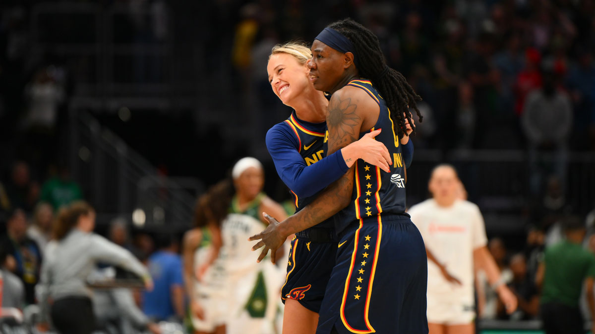 Indiana Fever guard Sophie Cunningham (8) and forward Natasha Howard (6) celebrate defeating the Seattle Storm at Climate Pledge Arena.
