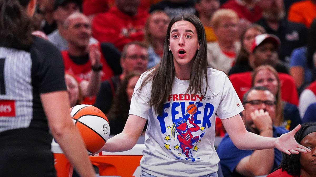 Indiana Fever guard Caitlin Clark (22) reacts to a call from the referee Tuesday, Aug. 12, 2025, during the game at Gainbridge Fieldhouse in Indianapolis. The Dallas Wings defeated the Indiana Fever, 81-80. Caitlin Clark earns a 96 in NBA 2K26, trailing Napheesa Collier, A’ja Wilson, and Breanna Stewart in the game’s WNBA player ratings.