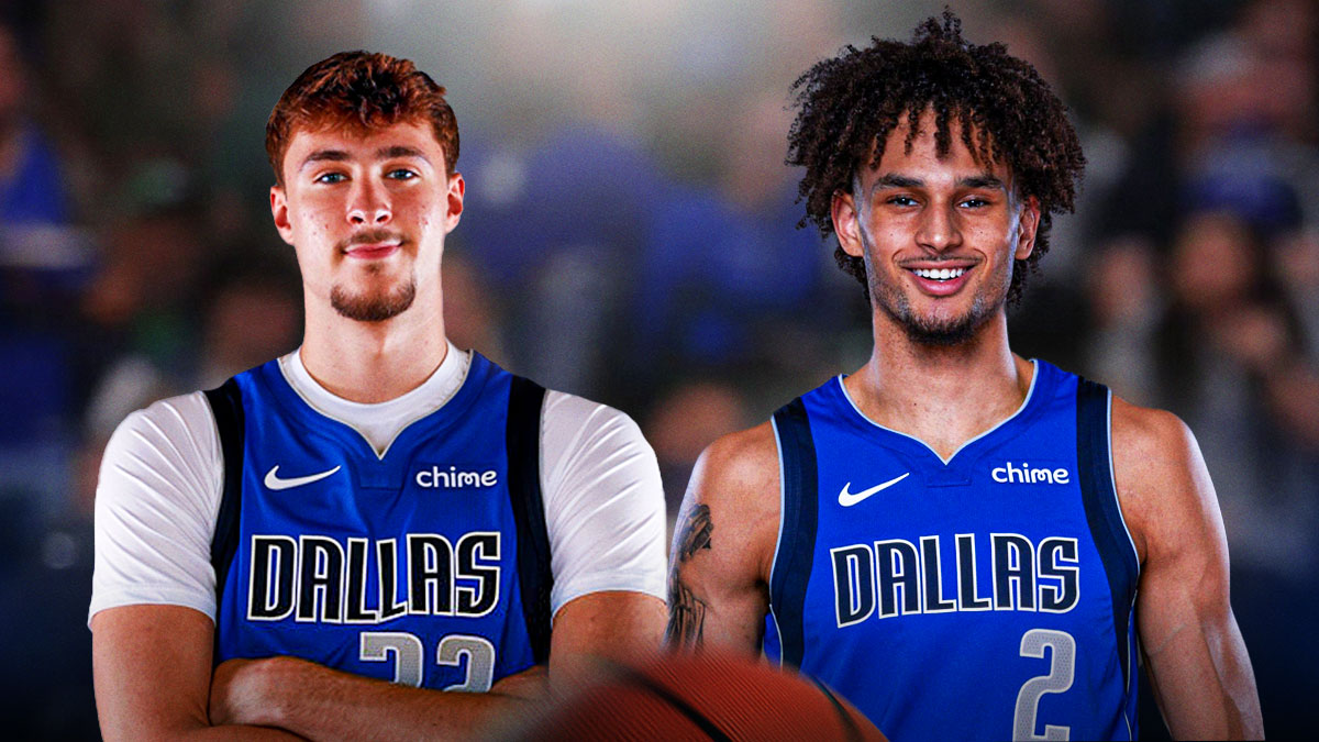 Cooper Flagg smiling in a Mavericks jersey. Dereck Lively II also smiling in a Mavericks jersey. American Airlines Center background.