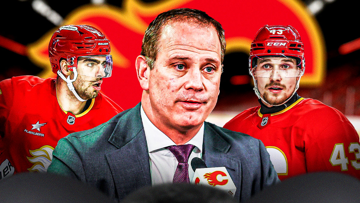 Flames GM Craig Conroy with Adam Klapka and Kevin Bahl on the sides. Flames logo in the background, flames offseason, flames perfect offseason