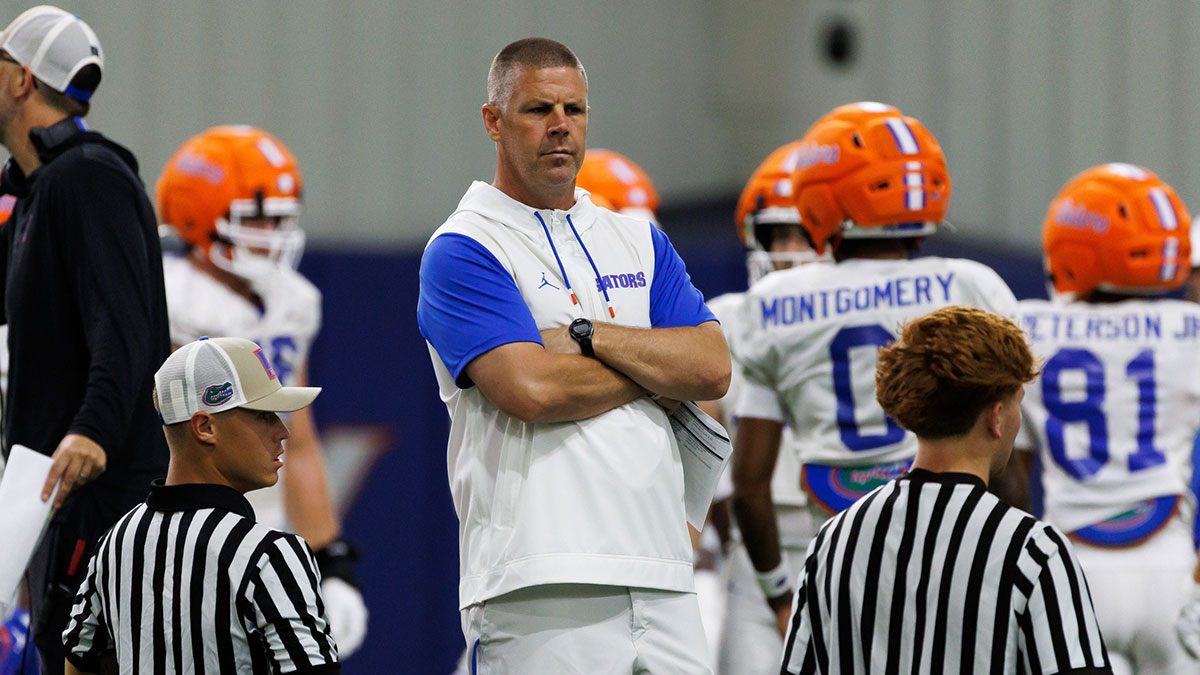 Florida Gators head coach Billy Napier looks on during fall football practice at Sanders Indoor Practice Fields at the University of Florida in Gainesville, FL on Thursday, August 7, 2025.
