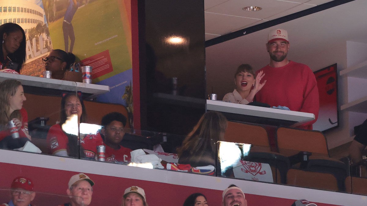 American singer-songwriter Taylor Swift and Kansas City Chiefs Travis Kelce are in attendance during the game between Edmonton Oilers and Florida Panthers in game four of the 2025 Stanley Cup Final at Amerant Bank Arena.