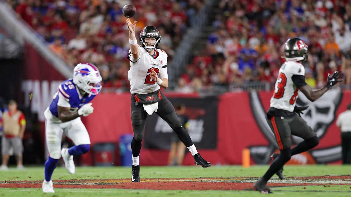 Tampa Bay Buccaneers quarterback Kyle Trask (2) throws a pass against the Buffalo Bills in the second quarter at Raymond James Stadium.