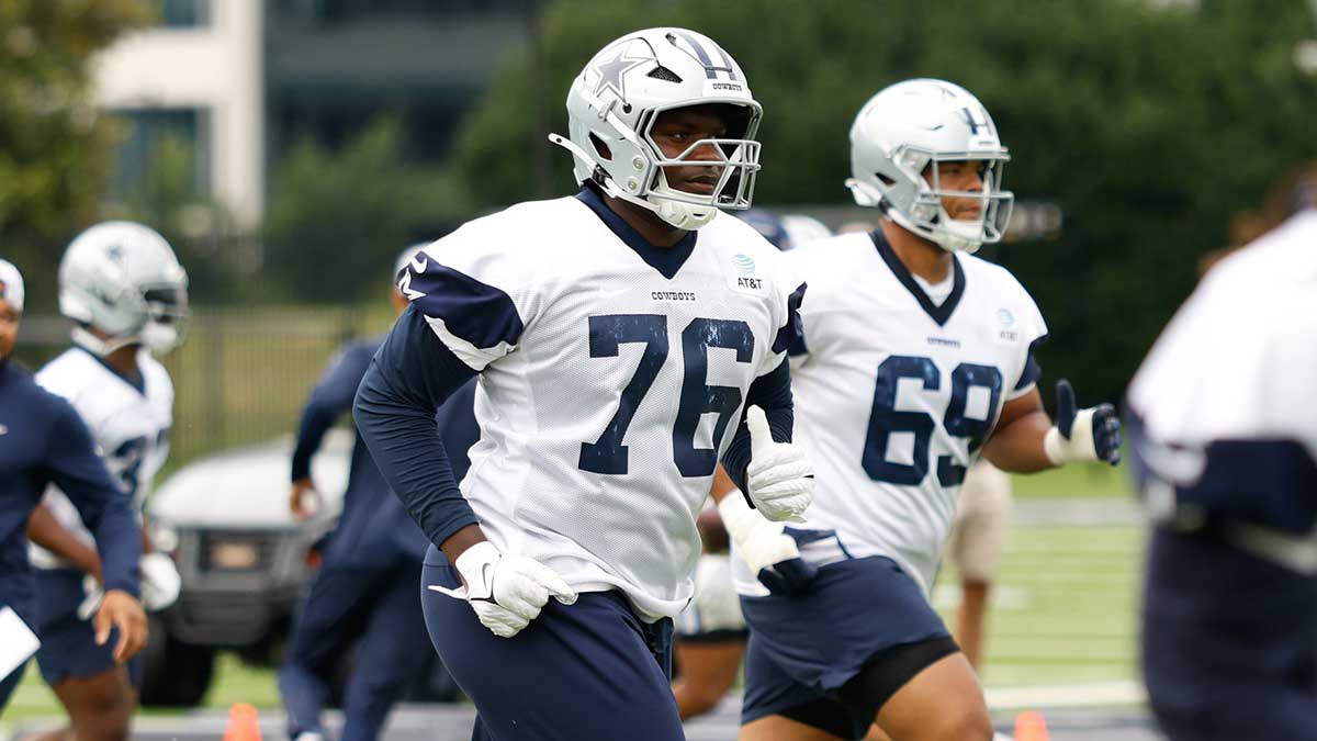Dallas Cowboys offensive tackle Asim Richards (76) goes through a drill during practice at the Ford Center at the Star Training Facility in Frisco, Texas.