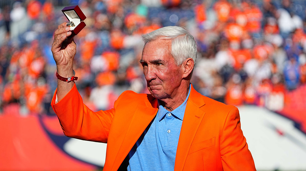 Former Denver Broncos head coach and Ring of Fame induction of Mike Shanahan during the game against the Las Vegas Raiders at Empower Field at Mile High.